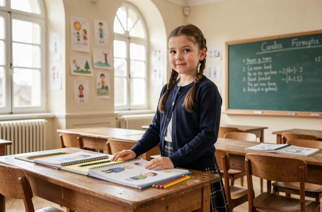 Élève de l'école primaire Jeanne d'Arc d'Étampes assise à un bureau en bois dans une salle de classe traditionnelle