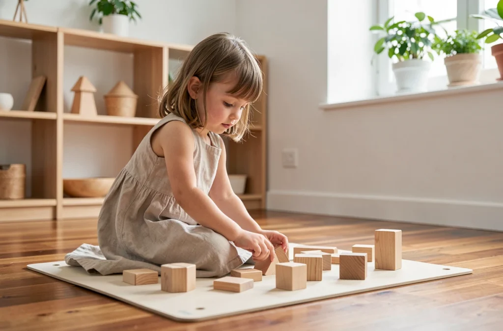 Élève de La Montessorine manipulant du matériel pédagogique en bois sur un tapis au sol