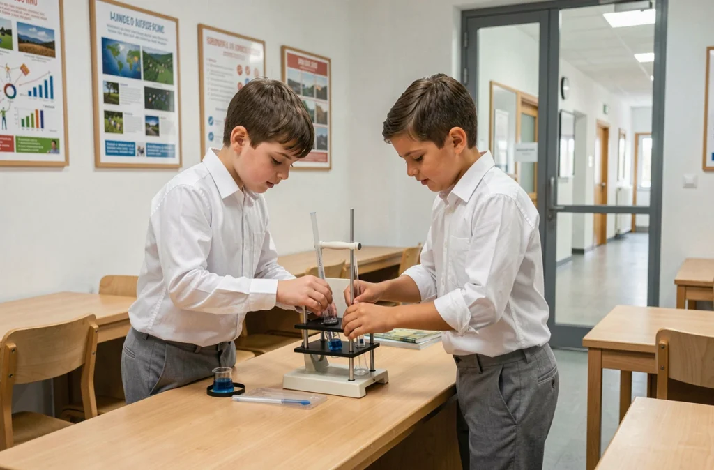 Deux élèves de l'école Saint Charles collaborant sur un projet scientifique dans une salle de classe moderne