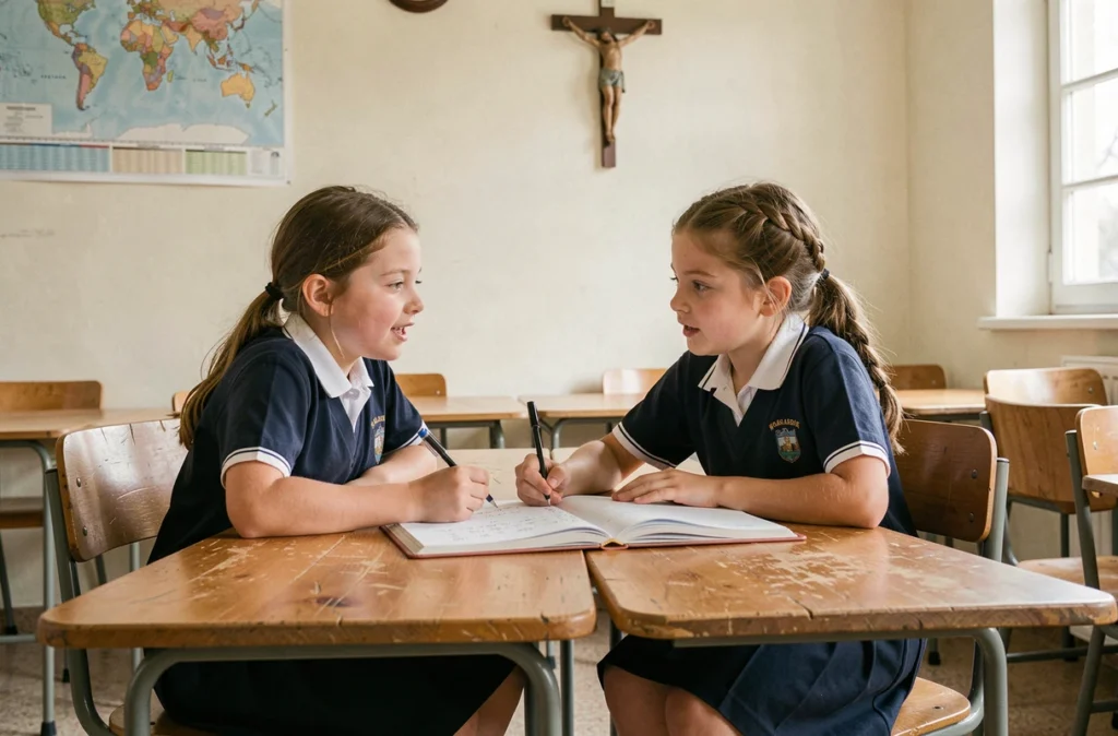 Deux élèves de l'école Saint Pierre en uniforme travaillant ensemble sur un exercice de mathématiques