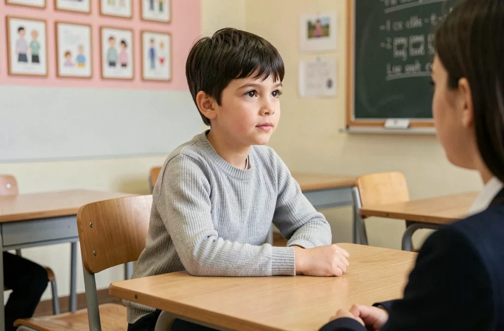 Élève de l'école Sainte Mathilde attentif pendant le cours dans une salle de classe organisée