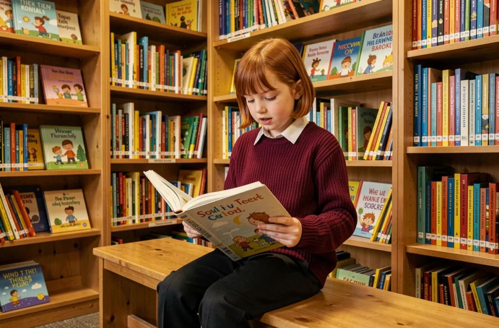 Élève de l'école Thomas Becket lisant à voix haute dans une bibliothèque scolaire chaleureuse