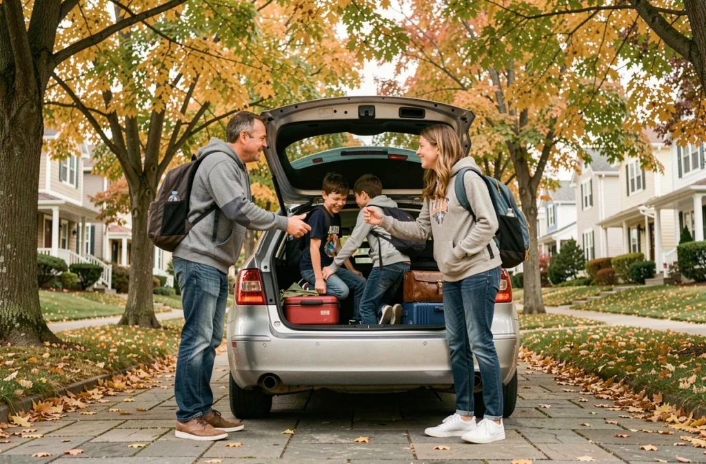 Famille préparant ses bagages pour partir en vacances scolaires de la Toussaint en octobre 2026