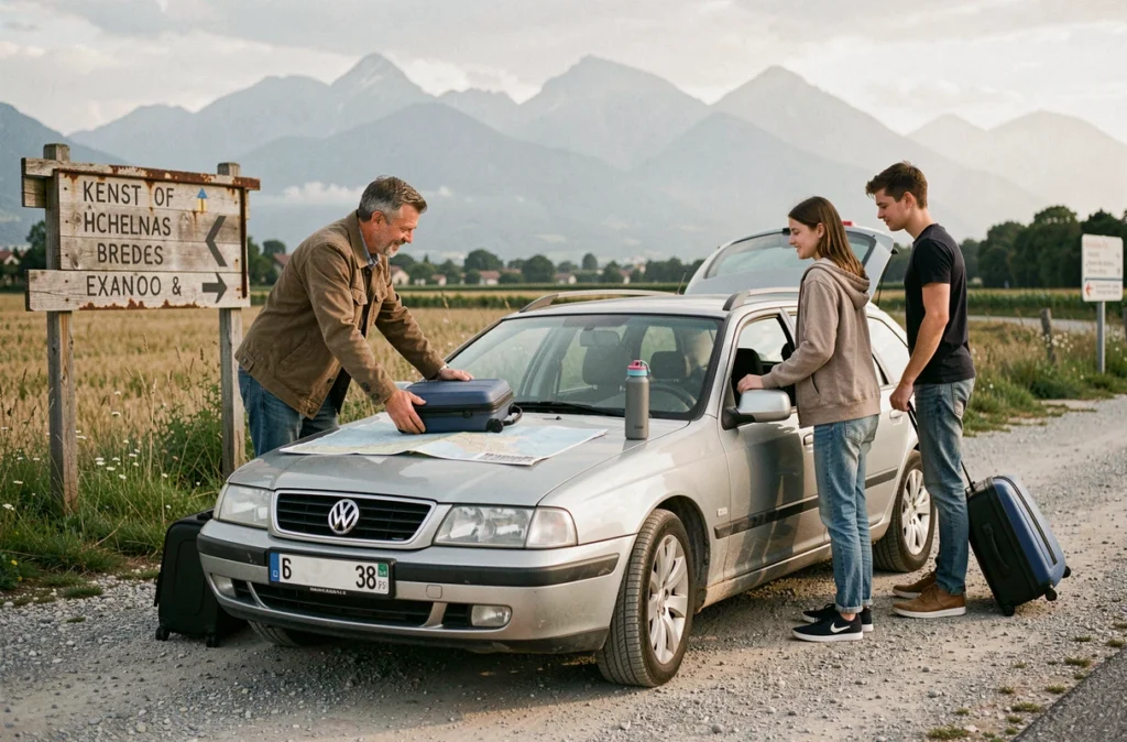 Famille française en road trip économique pendant un pont de jours fériés en 2025 ou 2026