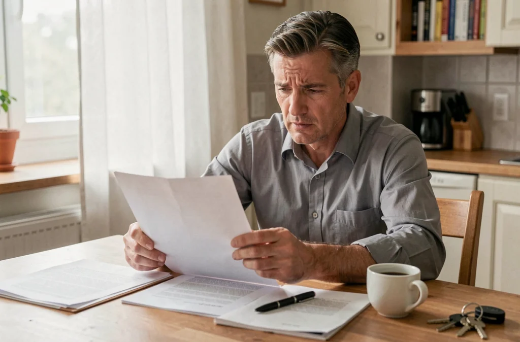 Homme seul étudiant des documents de divorce à son domicile avec une expression sérieuse et concentrée