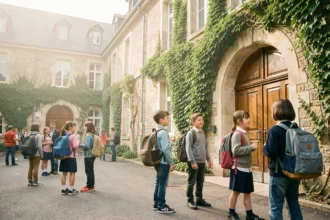 Cour d'une école privée en Essonne avec des élèves en uniforme devant un bâtiment historique