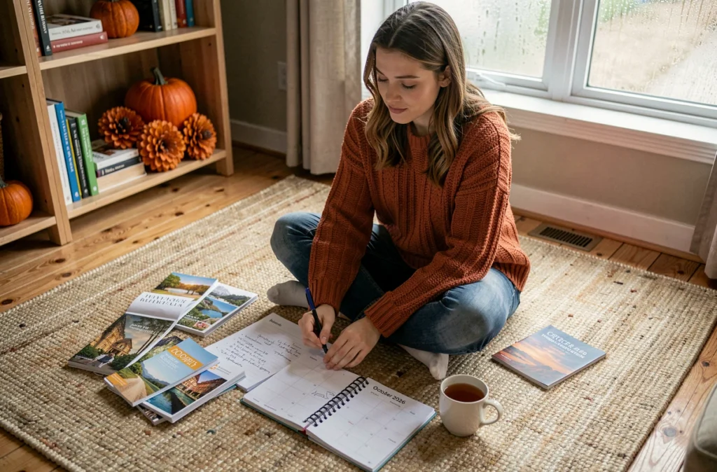 Jeune femme planifiant ses congés des vacances scolaires d'octobre 2026 avec un agenda et des brochures de voyage