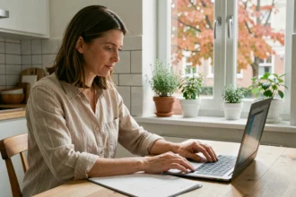 Femme consultant un calendrier d'octobre pour planifier ses congés scolaires de la Toussaint 2026