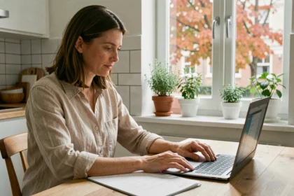 Femme consultant un calendrier d'octobre pour planifier ses congés scolaires de la Toussaint 2026