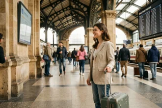 Jeune femme voyageant en train en France lors d'un jour férié pour profiter des meilleurs tarifs