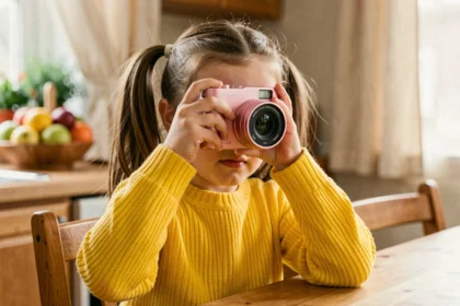 Jeune fille tenant un appareil photo numérique rose à la maison, illustrant l'utilisation d'un appareil photo enfant et la question de la sécurité des données