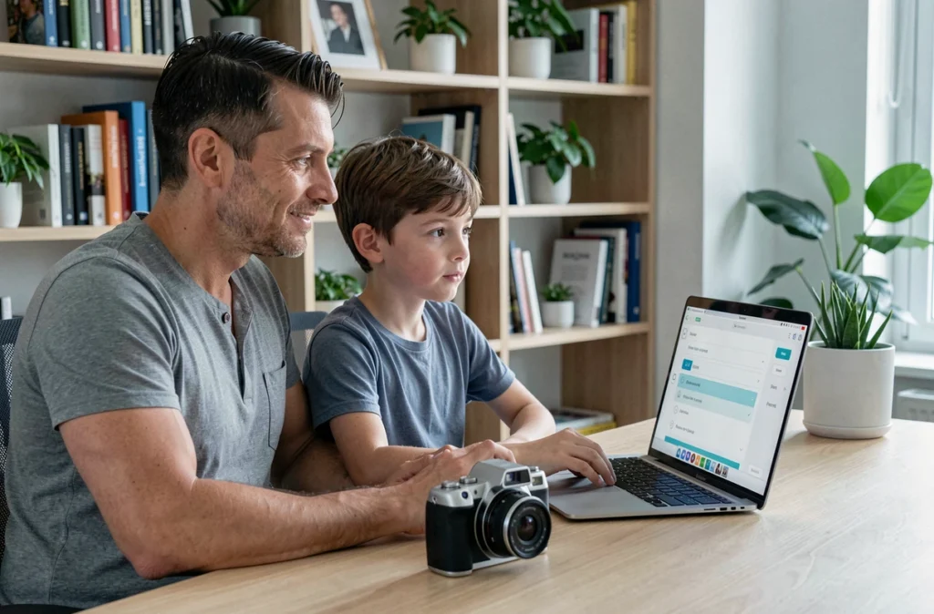 Un père et son fils consultant les paramètres de confidentialité sur un ordinateur portable à côté d'un appareil photo numérique pour enfant, soulignant l'importance de la sécurité des données